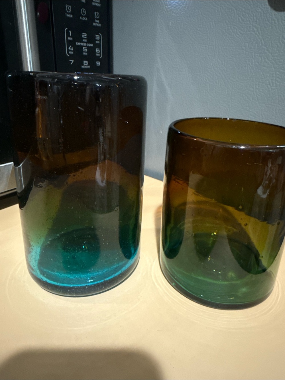 Handblown Glass Votive Set in Amber and Teal - 4” and 5”